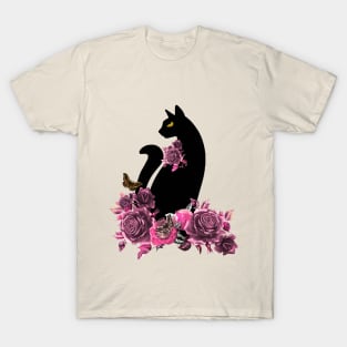 black color cat with butterfly moth and flowers, cats lovers design T-Shirt